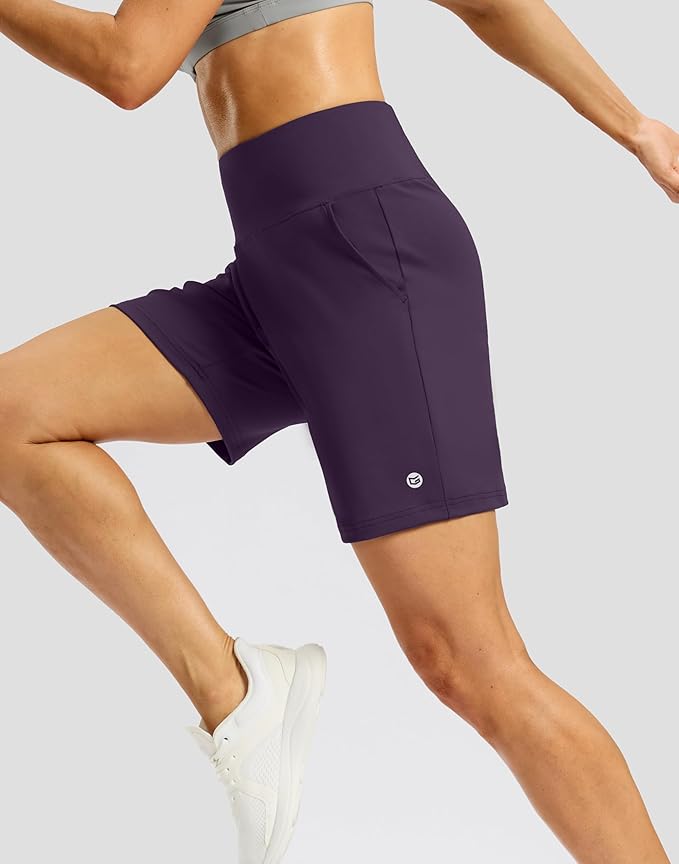 Women's Athletic Shorts with Zipper Pocket 7" High Waisted Stretchy Bermuda Shorts for Women Workout Running Casual