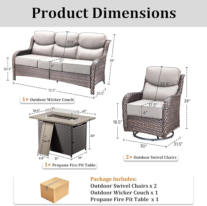 Pugire Luxury High Back Patio Furniture Set with Fire Pit Table, 4-Pieces Outdoor Furniture with 6" Thick Cushions Swivel Chairs, Wicker Conversation Set for Porch, Balcony, Deck and Yard, Brown/Beige