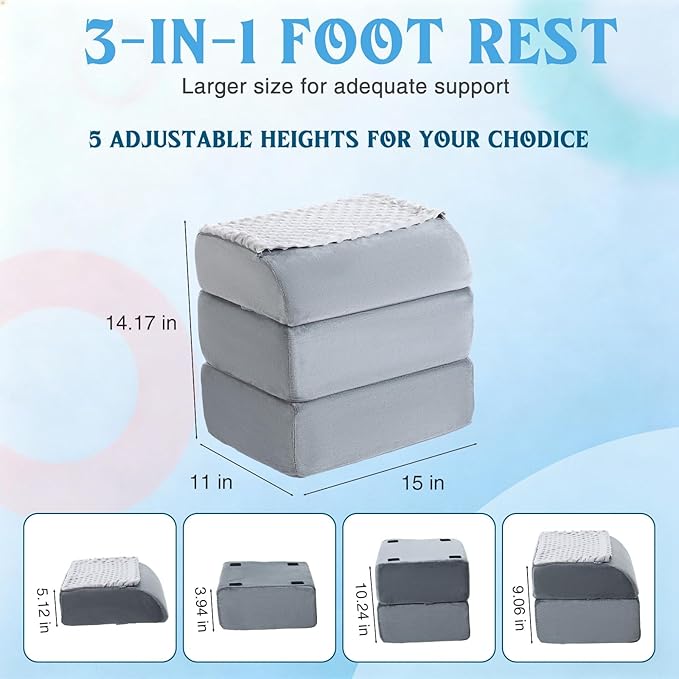 Novabright Adjustable Under Desk Foot Rest, Memory Foam Foot Stool with Gel Top and Warm Pocket Washable Cover Footrest for Office Chair Leg and Back Pain Relief(15" X 11" X 14.4",Cambered,Gray)