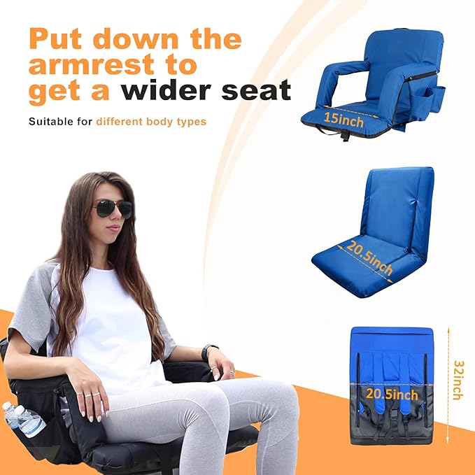 nalone Folding Stadium Seat Set of 2, 20.5 inch Wide Stadium Chairs for Bleachers Stadium Seat Bleacher Chairs Portable with Back Supports Thick Padded Cushion Armrests Reclining (Blue)