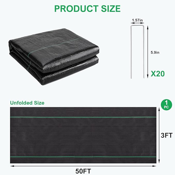 BIRDSINYARD 3ftx50ft Weed Barrier Landscape Fabric - 3.2oz Premium Heavy Duty Weed Block Ground Cover Mat with 20 U-Shaped Securing Pegs | Woven Geotextile Fabric for Weed Control Garden Cloth