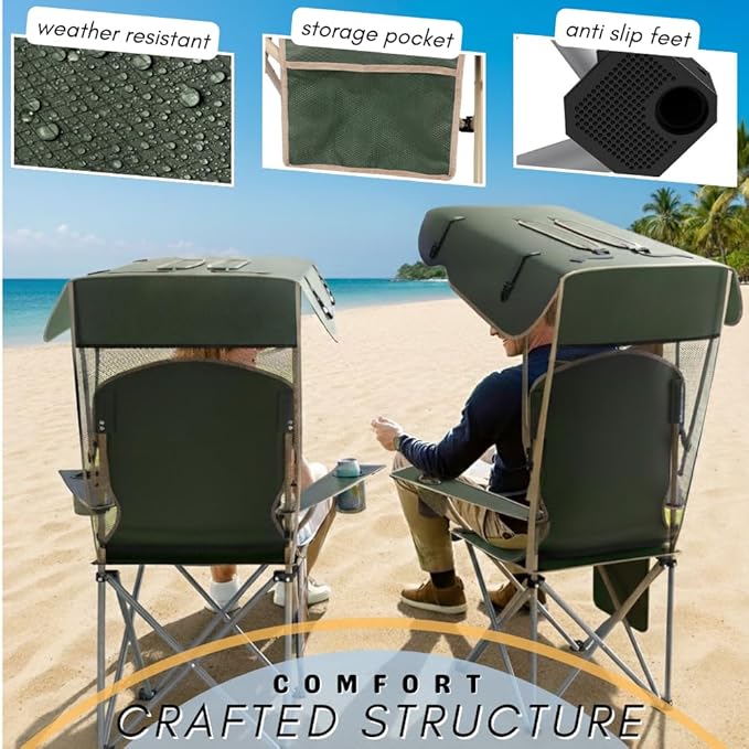 CozyBox Portable Folding Camping Chairs with Canopy Shade, Beach Chair for Adults, Durable Weather Resistant 600D Oxford Cloth, Camping Chair with Canopy for Outdoors [Olive Green-2 Pack]