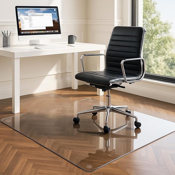 VSARHouse Irregular Tempered Glass Office Chair Mat with Lip, 53"x45" Glass Floor Mat for Carpets or Hard Floors, with Tabbed and Non-Slip Pads, Effortless Rolling, Thick 0.2"