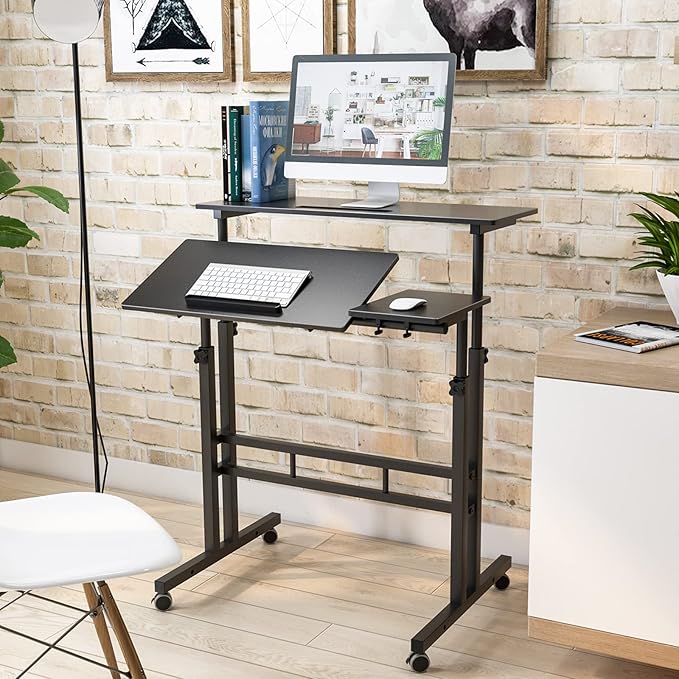 DlandHome Computer Desk, Adjustable Rolling Desk Standing Desk, 31.5L x 23.6W x 26.4-45.3H inch, Black