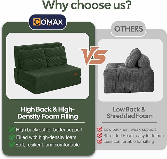 COMAX Folding Sofa Bed, Foldable Couch for Bedroom, Convertible Floor Sleeper Futon Chair Foam, Corduroy 3 in 1 Fold Out Chair Portable Comfy Lounge Couch Sofa Bed for Small Space, Twin, Green