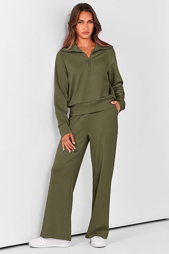 PRETTYGARDEN Women's 2 Piece Outfits Casual Lapel Half Zip Sweatshirts and Wide Leg Pants Tracksuit Sets