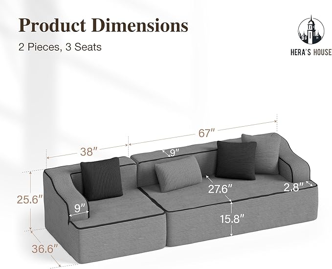 HERA'S HOUSE 105" Cloud Sectional Couch, Modular Upholstered Sofa with Wide Armrest, Corduroy Boneless Couches with 4 Throw Pillows for Living Room, No Assembly Required, Grey