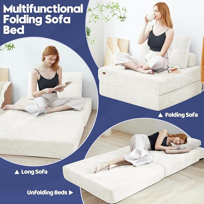 Folding Sofa Bed,Foldable Couch with Large Backrest and Pillows,Convertible Sleeper Chair for Living Room、 Bedroom 、Balcony 、Hotel、 Apartment,Twin,Creamy Apricot