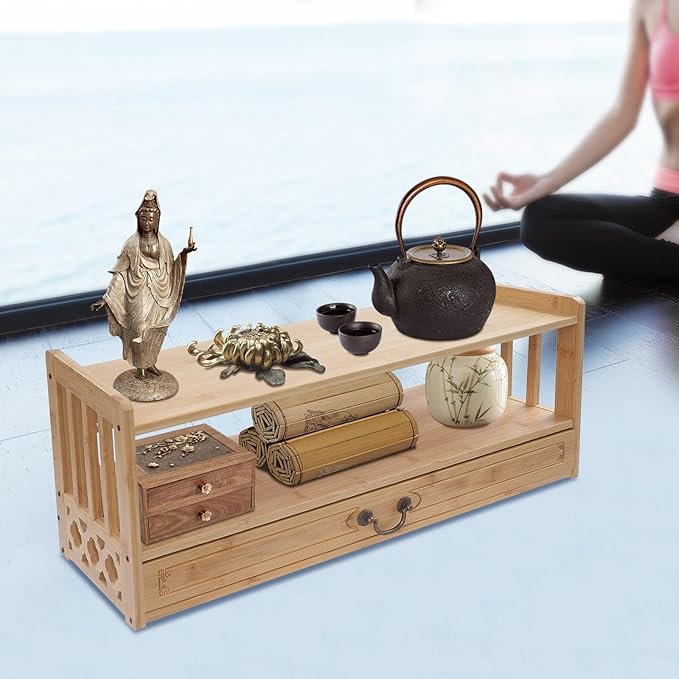 Floor Table Low 2-Tier Meditation Altar Table with Drawers Bamboo Coffee Table Desktop Organizer for Japanese Tatami Chinese Asia, Prayers, Displaying Jars/Plants/Books-27.2*9.8*11in (Nature Color)