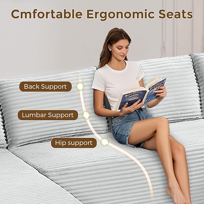 130" Oversized Cloud Boneless Sofa Couch with Chaise, Modern Corduroy Modular Sectional Sofa with Deep Seat, Comfy Couch with cupholders and Storage, No Assembly Required-Light Grey
