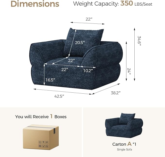 42.5" Single Cloud Sofa, Boneless Couch for Small Spaces, Modern Comfortable Upholstery Sofas with Pillows for Living Room, Apartment, Dorm, Office, Removable Cover, No Assembly Required, Aqua Bliue
