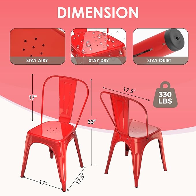 Metal Dining Chairs Set of 2,Stackable Tolix Chair Indoor/Outdoor for Kitchen,Cafe,Restaurant,Bistro & Patio Multiple Colors(Red)