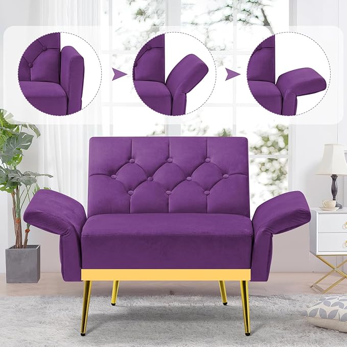 ACMEASE Velvet Accent Chair w/Adjustable Armrests and Backrests, Tufted Single Sofa with Ottoman, Upholstered Reading Chiar for Living Room, Apartment, Bedroom, Purple