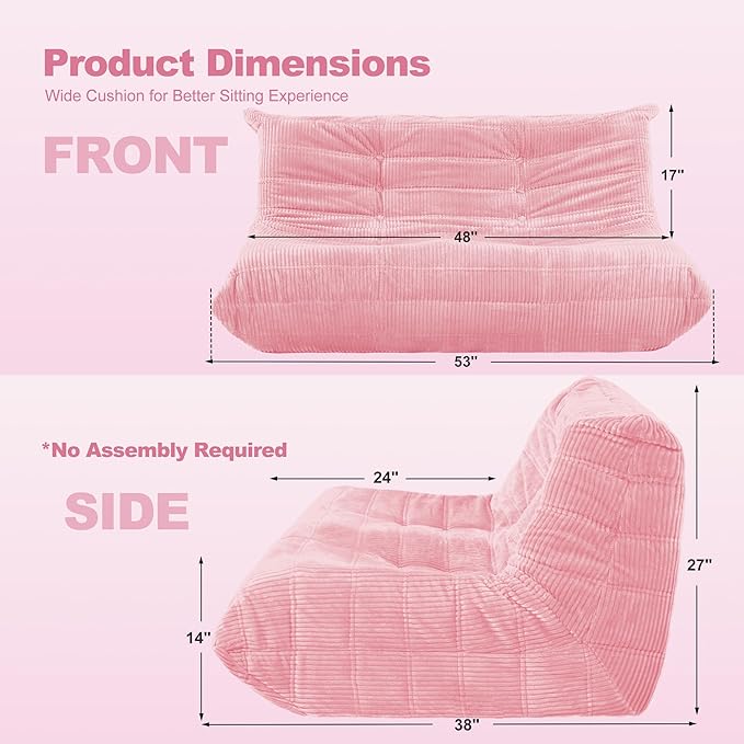 Bean Bag Chair,Giant Beanbag Chairs for Adults,Comfy Large Fireside Chair Lazy Sofa,Corduroy Bean Bag Lounger with Memory Foam Filled,Floor Sofa Couch for Home,Living Room (Pink, Loveseat)