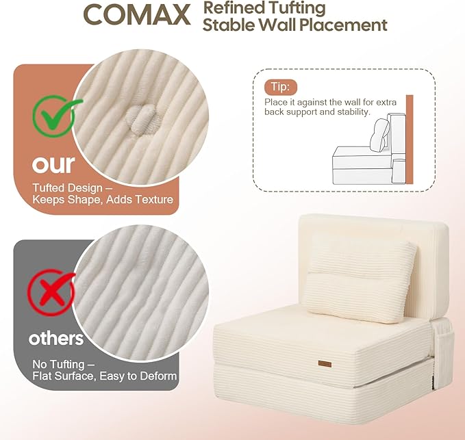 COMAX Folding Sofa Bed, Foldable Couch for Bedroom, Convertible Floor Sleeper Futon Chair Foam, Corduroy 3 in 1 Fold Out Chair Portable Comfy Lounge Couch Sofa Bed for Small Space, Single, Beige
