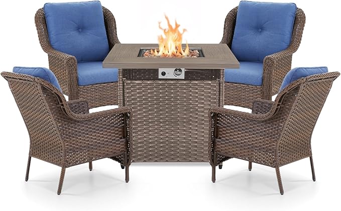 ACTREST Outdoor Patio Chairs with Fire Pit Table 5 Piece Set - High Back Brown Wicker Rattan Lawn Chair with Thick Cushion for Porch Apartment Deck Yard Poolside Garden - Navy Blue