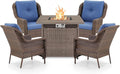 ACTREST Outdoor Patio Chairs with Fire Pit Table 5 Piece Set - High Back Brown Wicker Rattan Lawn Chair with Thick Cushion for Porch Apartment Deck Yard Poolside Garden - Navy Blue