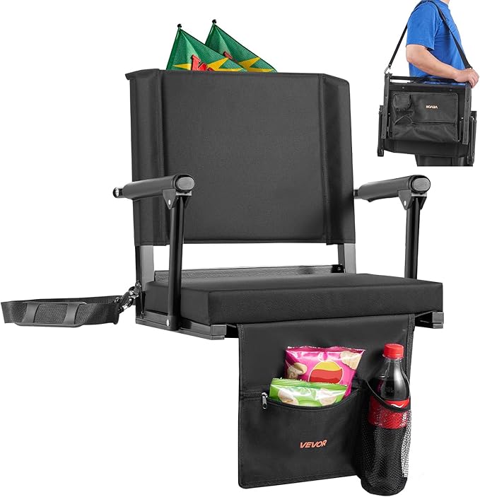 VEVOR Stadium Seat, Portable Bleacher Seat with Armrest, Back Support and Thick Cushion, Bench Chair for Bleacher Includes Shoulder Strap, Hooks, Cup Holder, Black Football Bleachers Seats, 1PCS