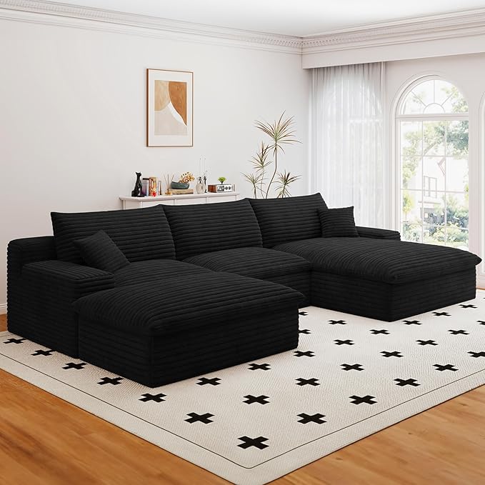 107" Cloud Sectional Couch with U-Shaped Chaise,Corduroy Viral Boneless Sofa with Ottoman,Memory Foam Couches in a Box with Deep Seat for Living Room,No Assembly Required(Jet Black,Right-Facing Chaise