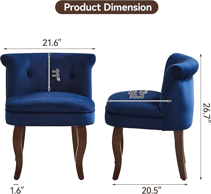 WUTUTUEE Velvet Vanity Chair with Back, Tufted Upholstered Vanity Stool with Solid Wood Legs, Mid Century Small Makeup Chair for Vanity, Accent Chair for Bedroom, Living Room, Navy