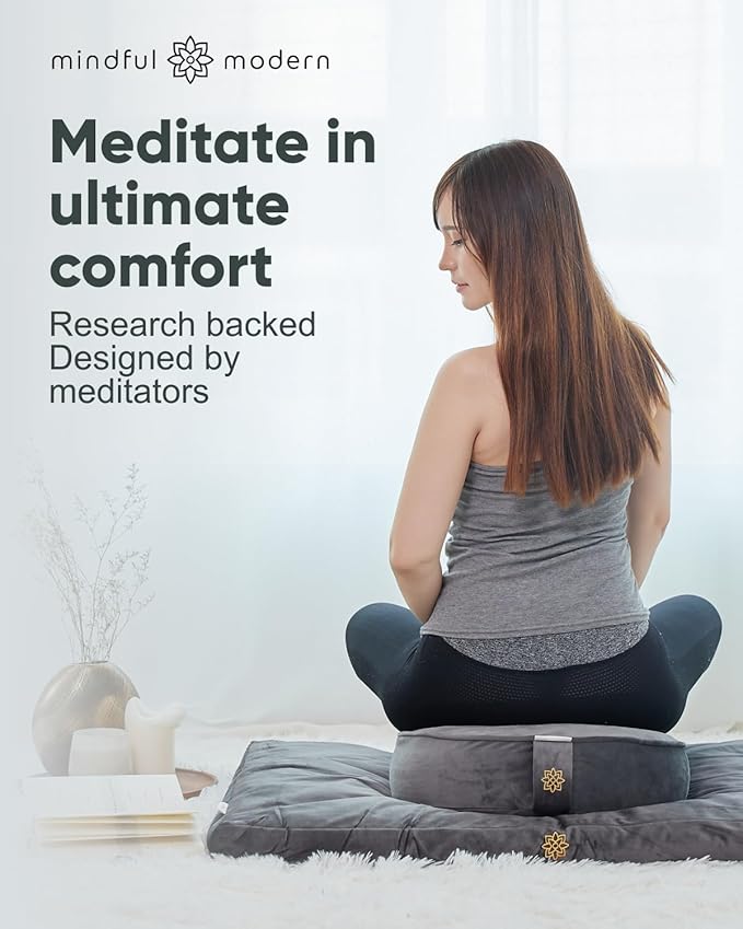 Mindful Modern Velvet Meditation Cushion | Luxe Zafu Yoga Floor Pillow Seat | Posture Support | Buckwheat Hull Filled | Large Round Cushion with Removable Washable Cover + Carry Handle