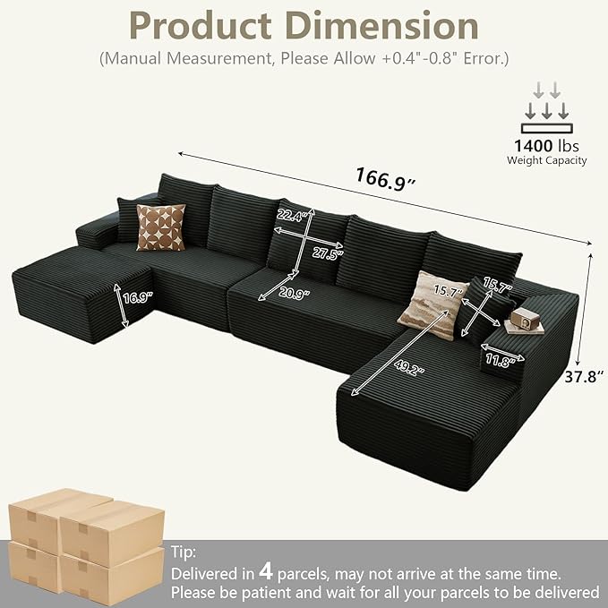 Lakifun 166.9" U-Shape Cloud Couch, Modern Modular Sectional Comfy L-Shape Sofa with Ottoman, Deep Seat, Upholstered Corduroy Sleeper Chaise Longue for Living Room Bedroom, No Assembly Required, Black