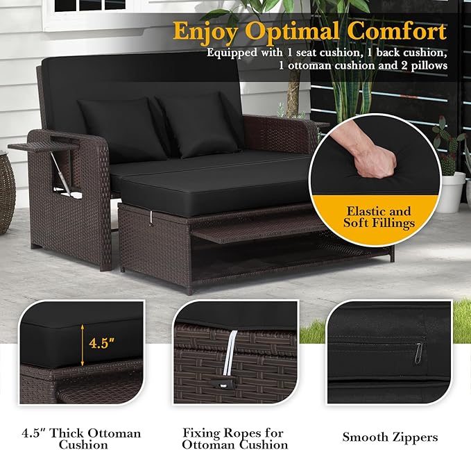 RELAX4LIFE Wicker Patio Outdoor Daybed - Rattan Day Bed Lounger with Loveseat & Storage Ottoman, Sunbed Sofa Set w/Cushions, 4-Level Adjustable Backrest & 2 Retractable Trays, Patio Daybed (Black)