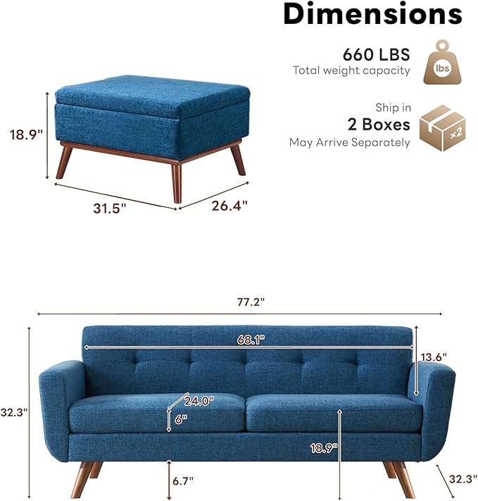 Tbfit Mid Century Modern Sofa, Loveseat Couch, Blue, Standard Sofa & Ottoman | linen fabric, button tufted, solid wood foot, pocket spring, wood slats frame