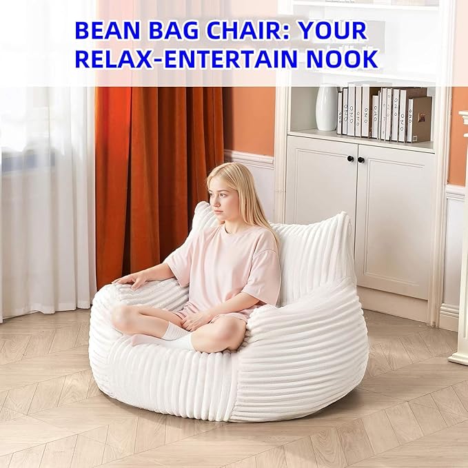 Bean Bag Chair for Adults with Armrest - Ultra Plush Memory Foam Lounge Sofa & Oversized Comfy Chair for Bedroom, Living Room & Dorm (Beige, Without Pedals)