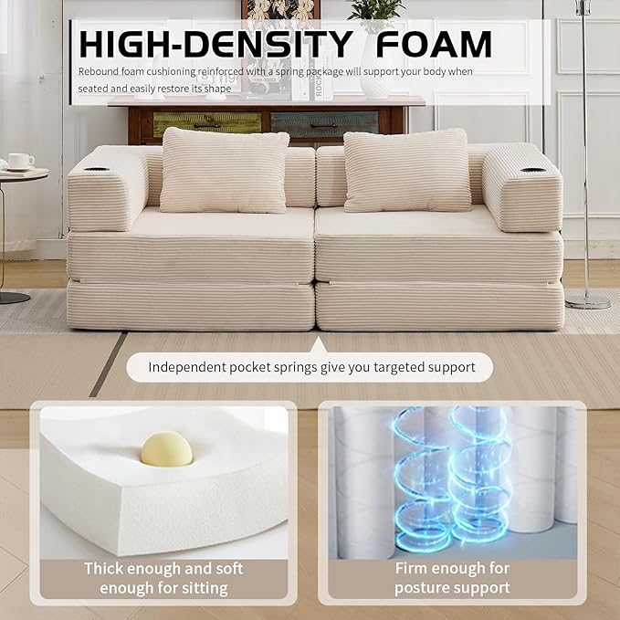 78" Loveseat Sleeper Sofa, 4 in 1 Convertible Floor Sofa Bed, Boneless Cloud Couch with Cup Holder, Fold Out Floor Couch for Living Room Bedroom Lounge, Corduroy, White