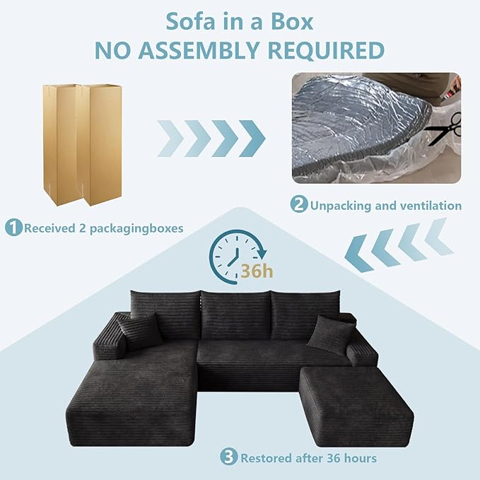 95" Cloud Sectional Couch with Ottoman,Modern U-Shaped Cloud Couch with Deep Seat,Comfy Corduroy 3-Seater Sofa,Memory Foam Sofa for Living Room,No Assembly (Black,Left-Facing Chaise)