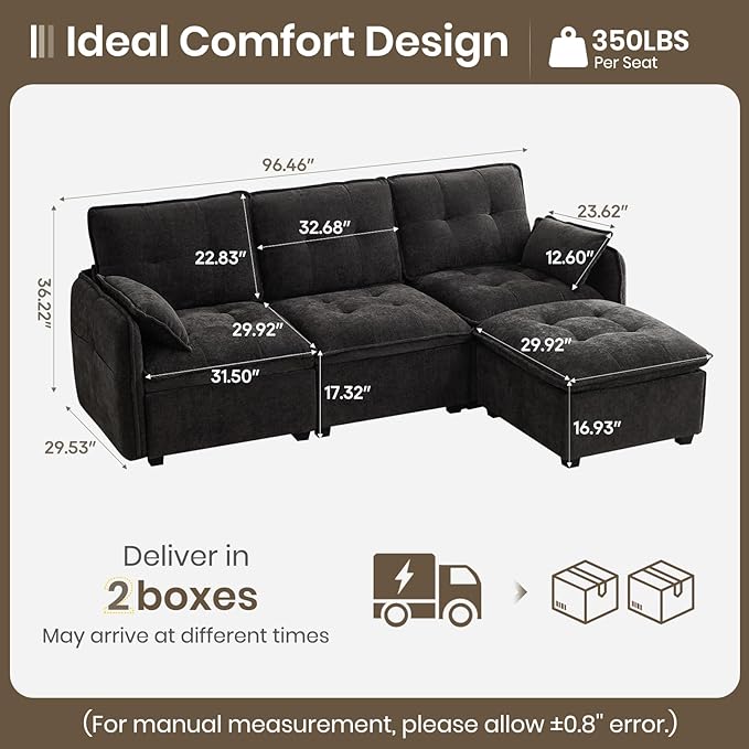 PALLOME 96" Modular L-Shaped Sofa - 3-Seat Cloud Couch with Movable Ottoman, Extra Deep Seat Sofa Couch with Throw Pillows for Living Room & Small Spaces (Black, 3-Seat + Ottoman)