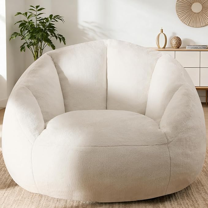 Giant Bean Bag Chair for Adults - Comfy Plush Round Shell Soft Accent Chair, Oversized Cozy Lounge Floor Sofa Reading Chair, Mini Couch for Living Room, Bedroom & Game Rooms, Beige