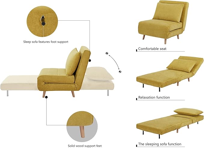 CITTANEO 31" Convertible Sleeper Chair, 3-in-1 Foldable Chair Bed with Pillow, 3-Position Adjustable Backrest, Single Sofa Bed for Apartment, Office, Mustard Yellow