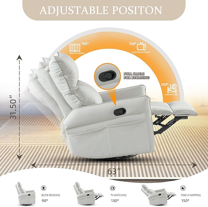 QKFF Swivel Rocker Recliner Chair, Upholstered 360° Fabric Leather Glider Rocker Chair for Nursery, Manual Small Recliners for Small Spaces Living Room Weight Capacity 300lbs