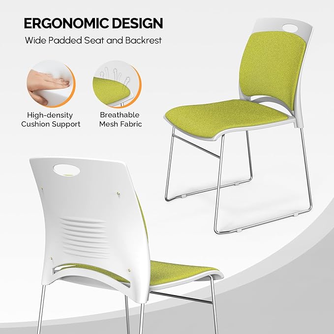 VINGLI Stackable Chairs Set of 8, Stacking Office Chairs with Metal Sled Base, Ergonomic Plastic Padded Seat & Back, Capacity 350lbs, Stacking Chairs for Waiting Room Break Room Banquet Guest, Green