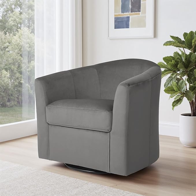DREAMSIDEA Swivel Accent Chair, Upholstered Velvet Barrel Armchair, Modern Round Single Sofa Seating Comfy Reading Corner Chairs for Living Room Bedroom, Fully Assembled (Velvet Grey, Set of 1)