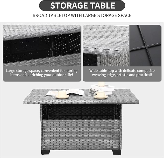 Rattaner Patio Furniture Sectional Sofa Set 9 Pieces Outdoor Wicker Furniture Couch Large-Size Storage Table with Thicken(5") Anti-Slip Peacock Blue Cushions