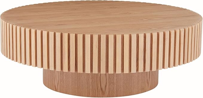 31.49'' Original Wood Color Small Round Coffee Table for Apartment, Modern Living Room Coffee Table with Sturdy Pedestal for Small Space