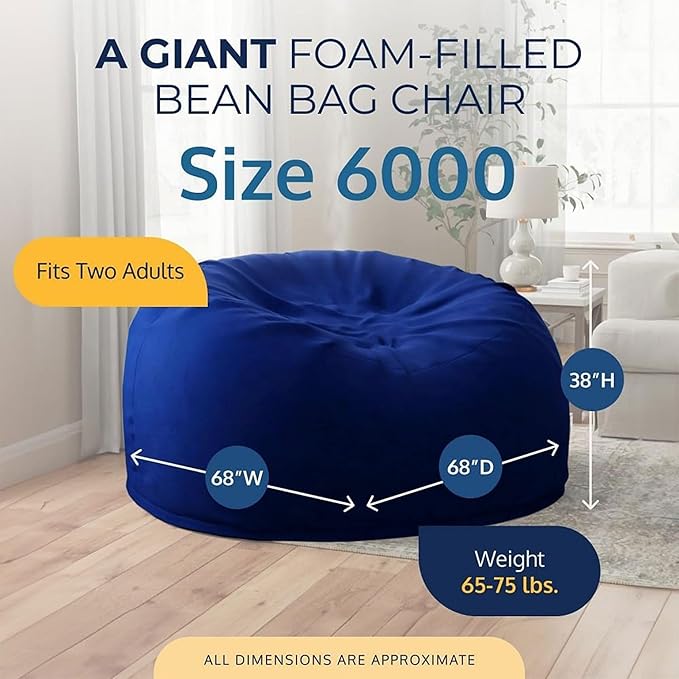 ULTIMATE SACK 6000 6-Foot Bean Bag Chair with Footstool, Electric Blue Suede Cover – Oversized Foam Lounger, Floor Seat, Small Sofa, or Couch Bed for Living Area, Gaming Room, or Reading Lounge
