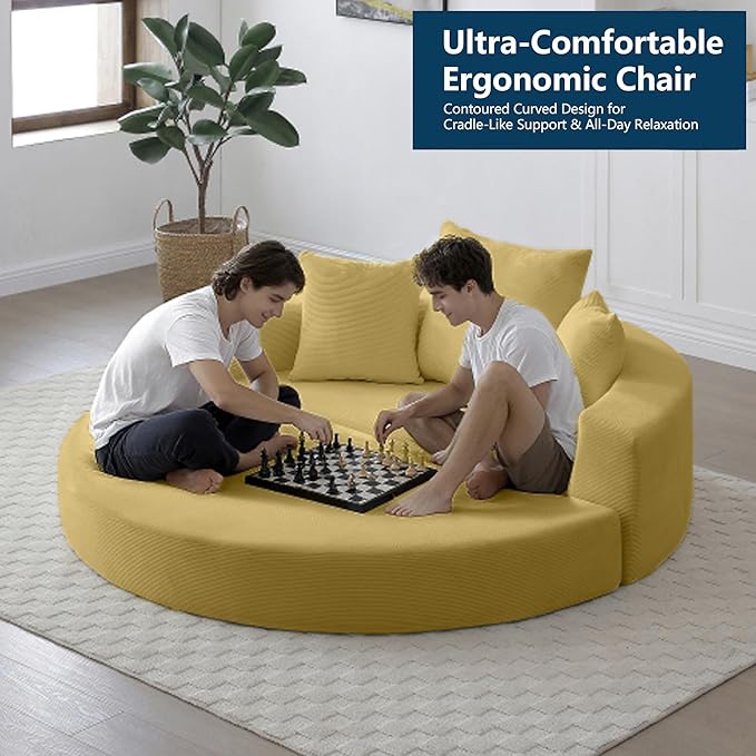 67" Round Convertible Folding Sofa Bed, Boneless Couch Loveseat, Floor Sleeper Chaise Lounge for Living Room, Apartment, Dorm, Small Spaces, Yellow
