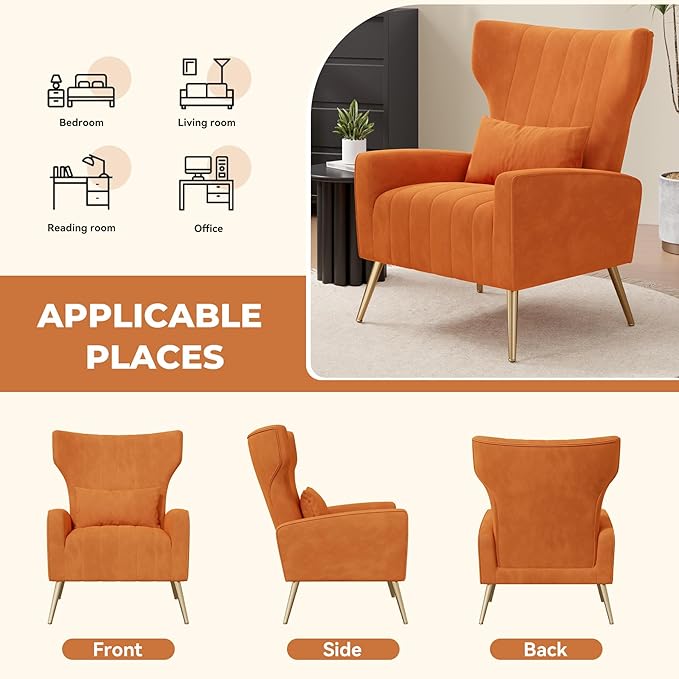 Nalupatio Modern Accent Chairs for Set of 4 Upholstered Velvet Fabric Reading Chair Mid Century Arm Chair Comfy Armchair for Living Room,Orange