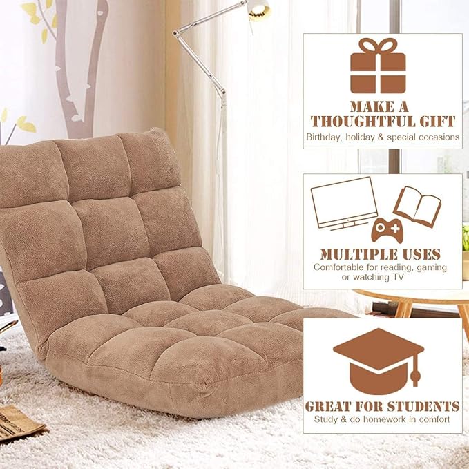 S AFSTAR Cushioned Floor Chair, 14-Position Adjustable Padded Lazy Recliner with Comfortable Back Support and Skin-Friendly Cover, Great for Reading, Playing Game, Meditating (Beige)