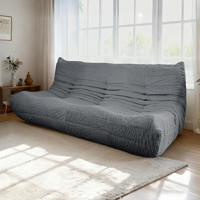 Fireside Loveseat Mid-Century Armless Sofa — Twin-Size Floor Lounger in Soft Premium Corduroy, Foam-Filled Accent Chair for Living Room or Bedroom (Grey, Three Seater)