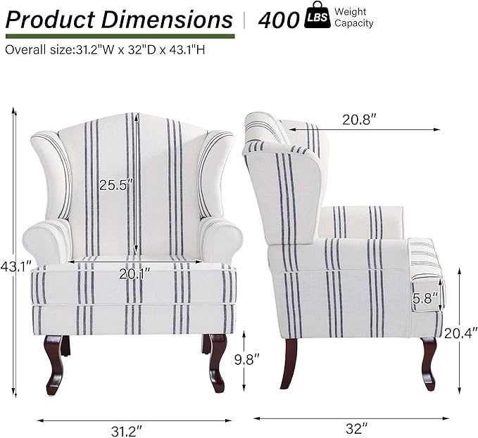 DREAMSIDEA Accent Chair Set of 2, High Back Upholstered Armchair with High Resilience Sponge & Wood Legs, Mid-Century Modern Comfy Single Sofa Reading Chairs for Living Room, Bedroom-Stripe Navy