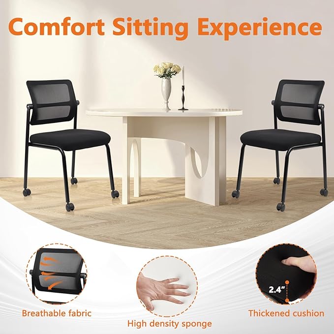 CLATINA 12PK Mesh Stacking Office Desk Chairs with Wheels, Portable Stackable Bulk Waiting Room Armless Chair with Adjustable Back & Fabric Seat for Guest Lobby Side School Church Conference Break