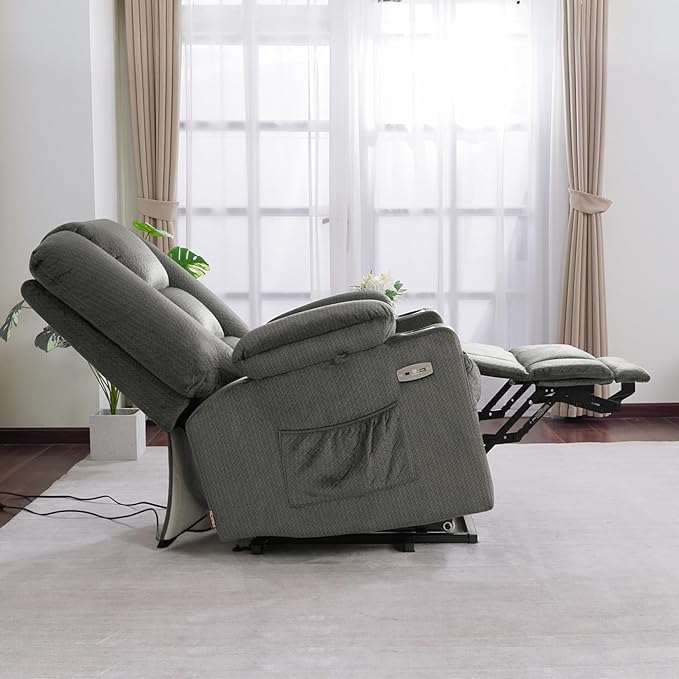 MCombo Oversized Power Lift Recliner Chair with Massage and Heat for Big and Tall Elderly People, Cup Holders, USB Ports, Side Pockets, Fabric R7541 (Grey, Large-Oversize)