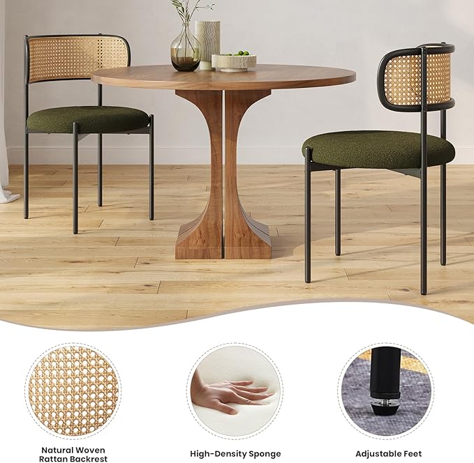 Farini Dining Chairs Set of 2,Mid-Century Modern Kitchen Chair Rattan Backrest Round Upholstered Sherpa Dining Chairs with Metal Legs,Green