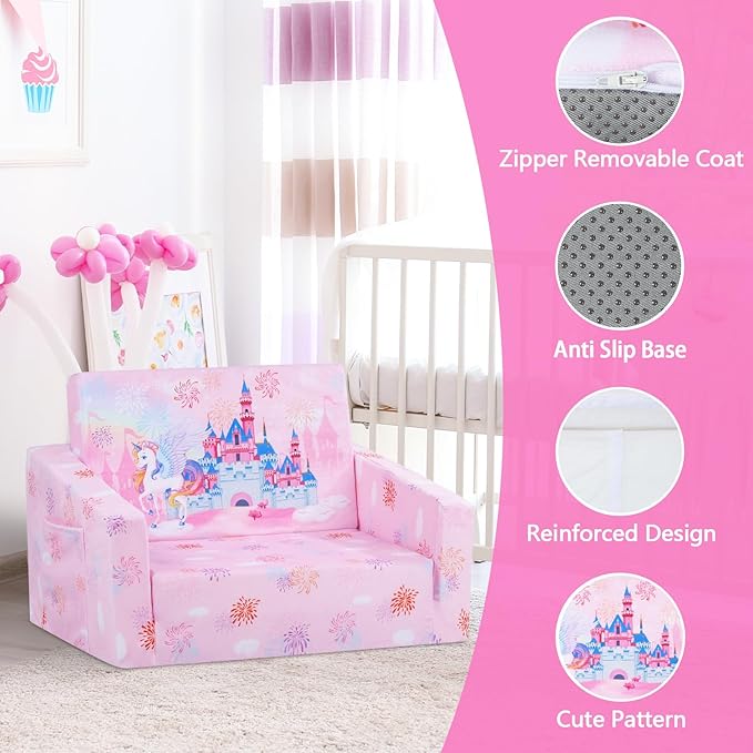 decalsweet Foldable Kids Sofas Couch 2 in 1 Children Convertible Sofa to Lounger Flip Open Toddlers Sofa Bed