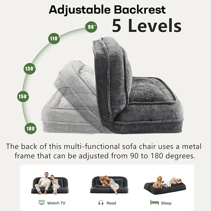 Foldable Lazy Sofa Bed, Chenille Upholstered Human Dog Bed for Adults, 2 in 1 Convertible Floor Sofa with 5 Adjustable Backrest Positions and Soft Cushions for Living Room (Dark Gray)